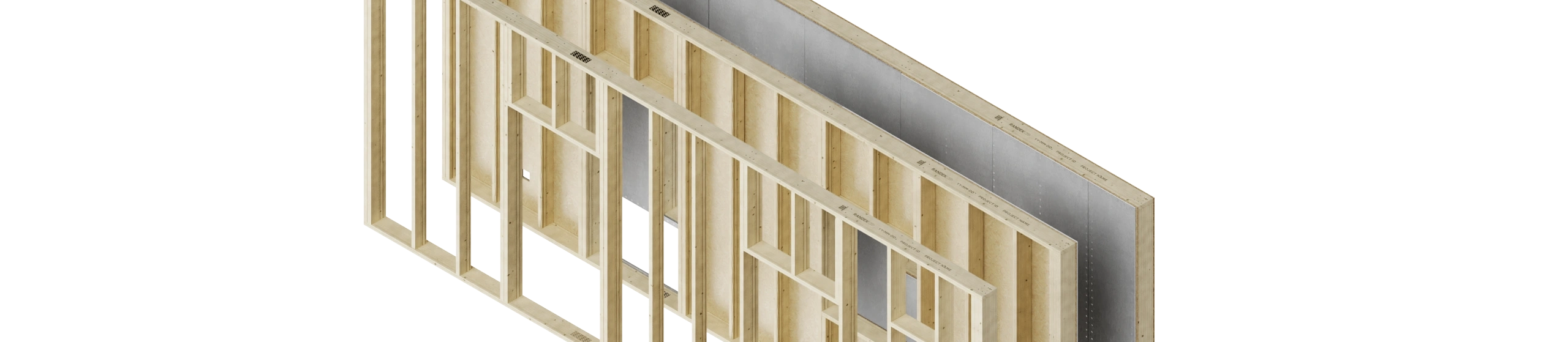A timber wall element with sheathing built on a Randek butterfly table