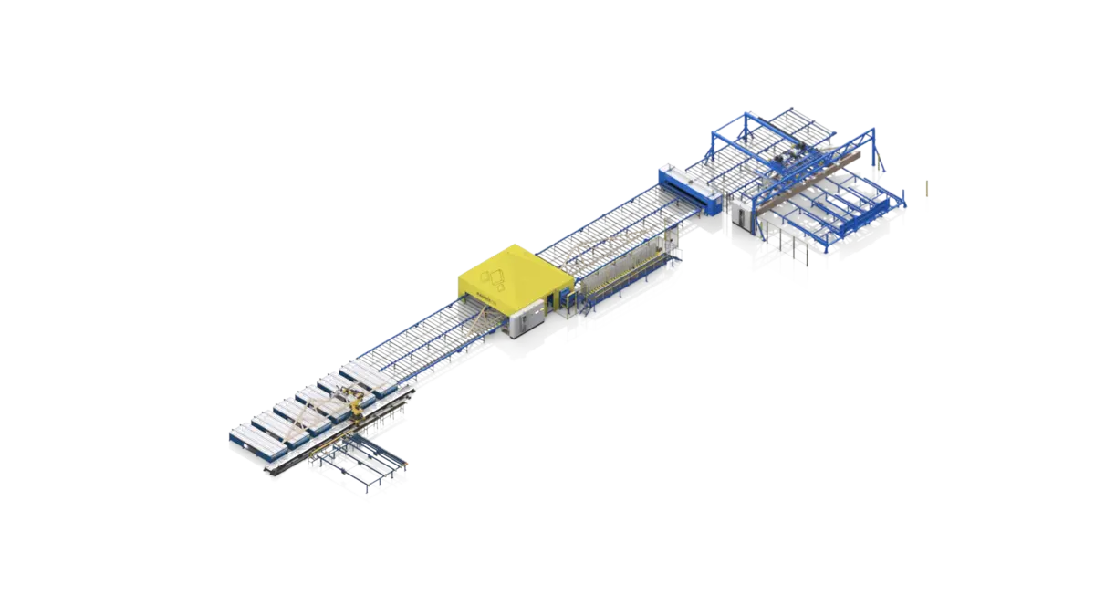AutoEye roof truss line with robotic assembly at the start, isometric view