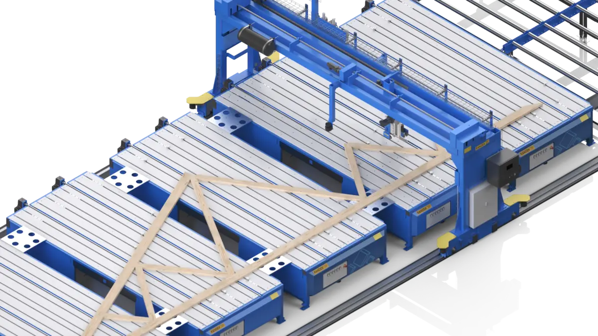 A stapling bridge over AutoEye jig tables, stapling the joints of a laid-out truss