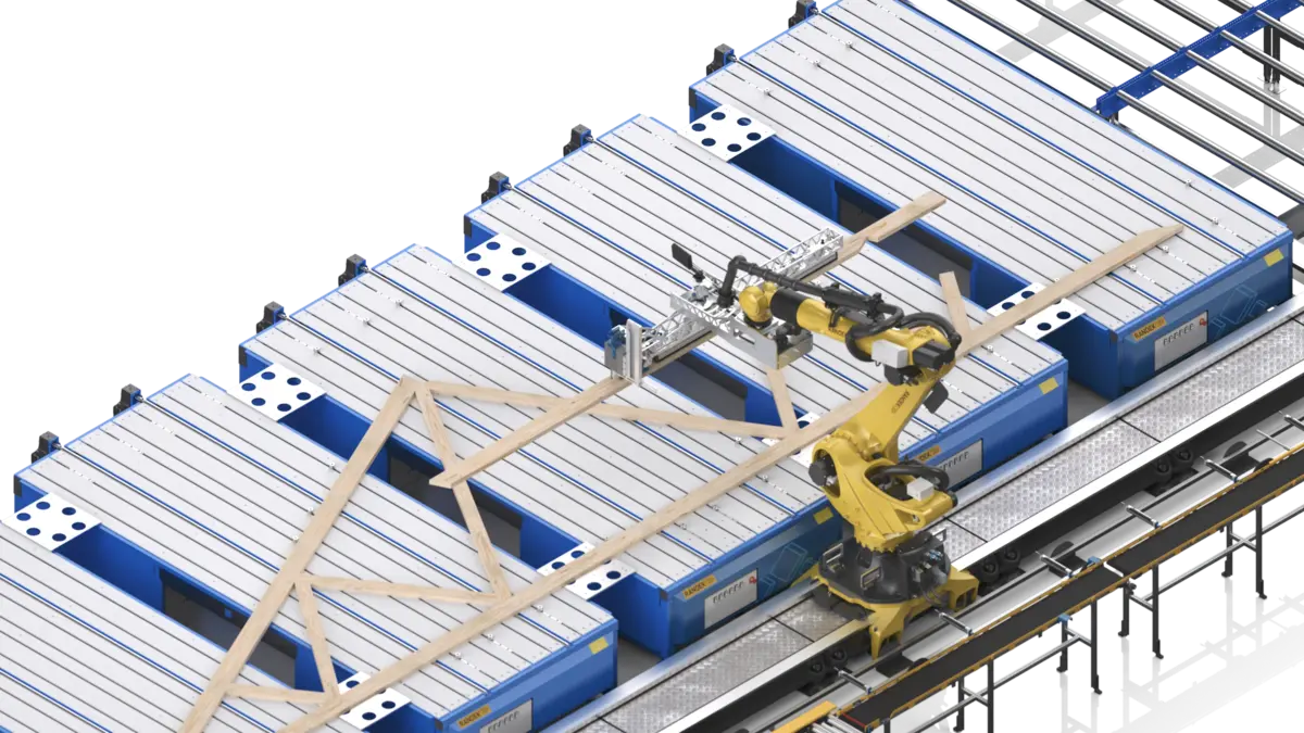 A ZeroLabor robot laying out and stapling a roof truss on AutoEye jig tables