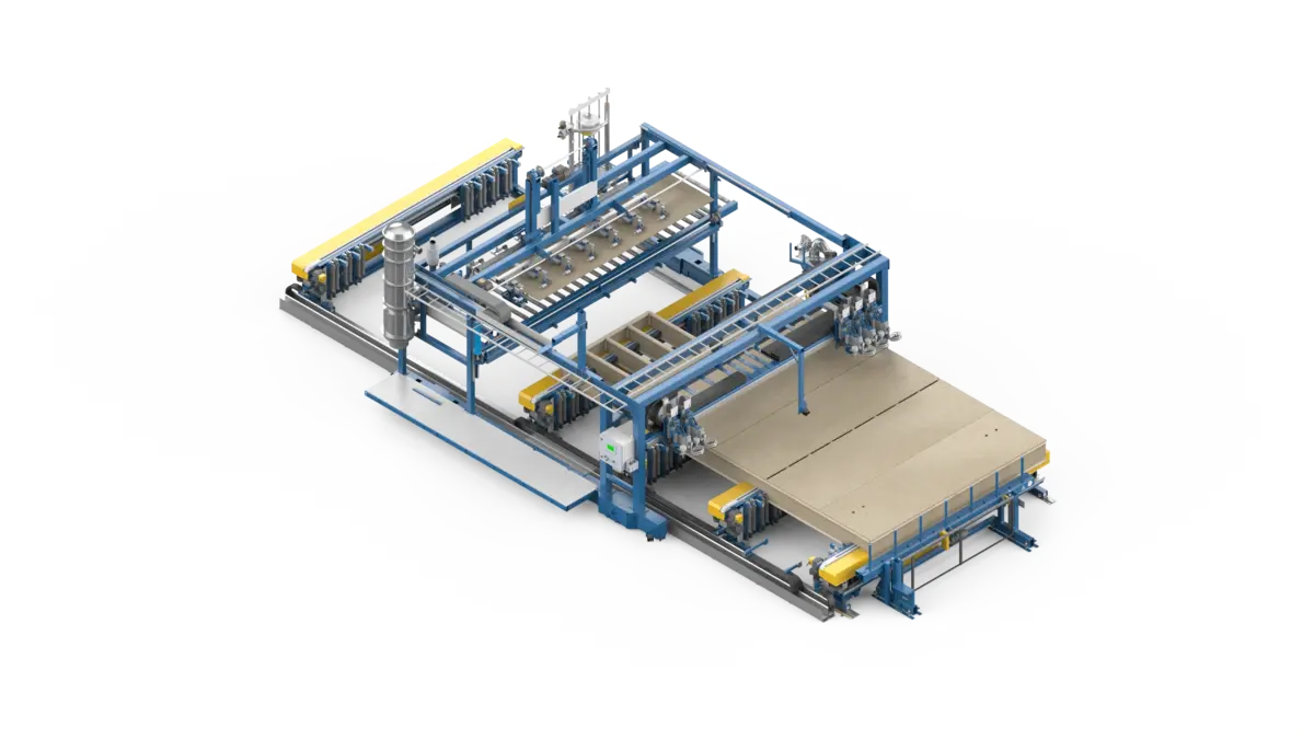 The AutoFloor automatic portal over the open jig, isometric view