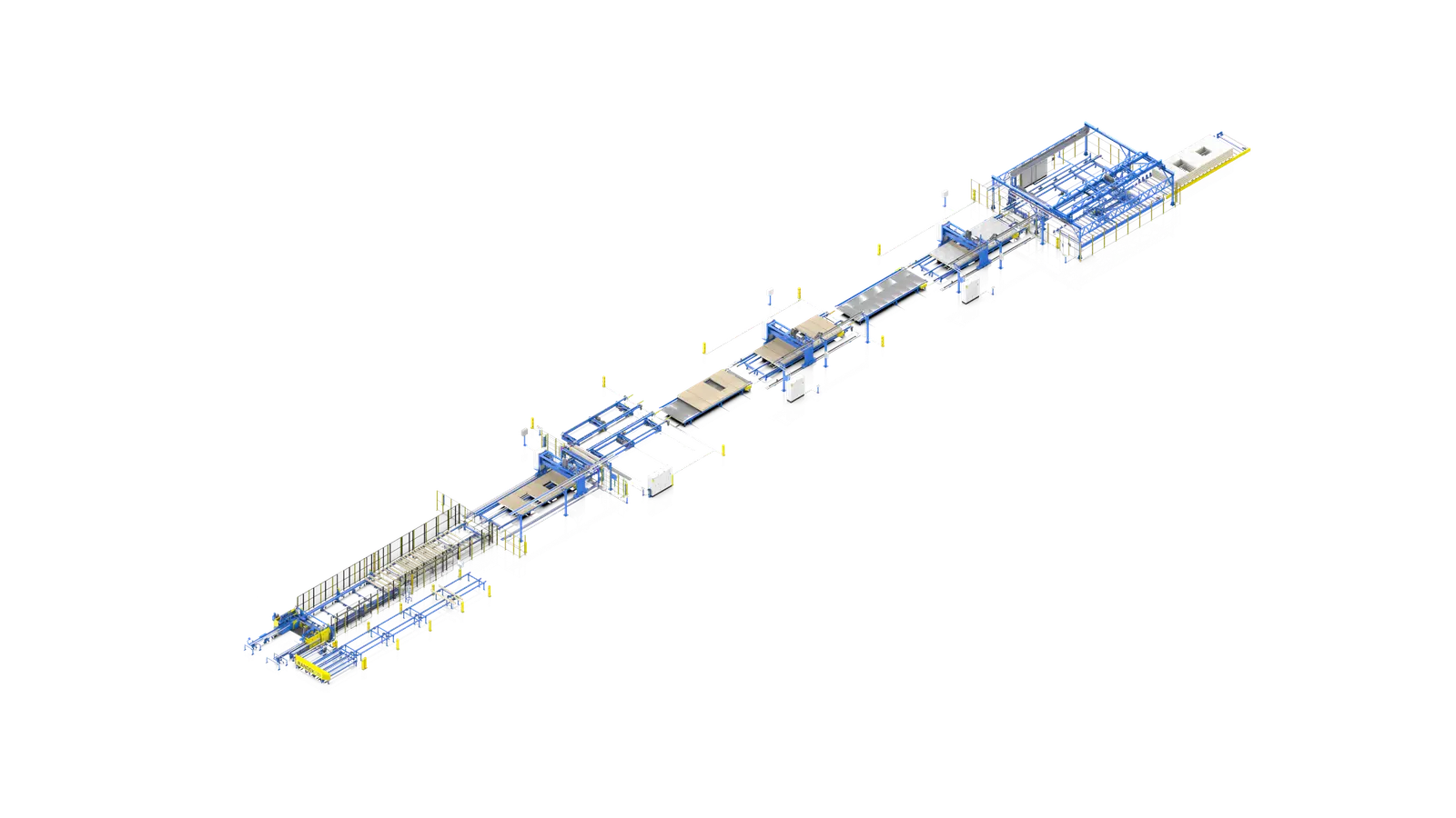 AutoWall closed-panel line with manual sheet placement, RB3 sheathing bridges, a turning table and manual insulation, isometric view