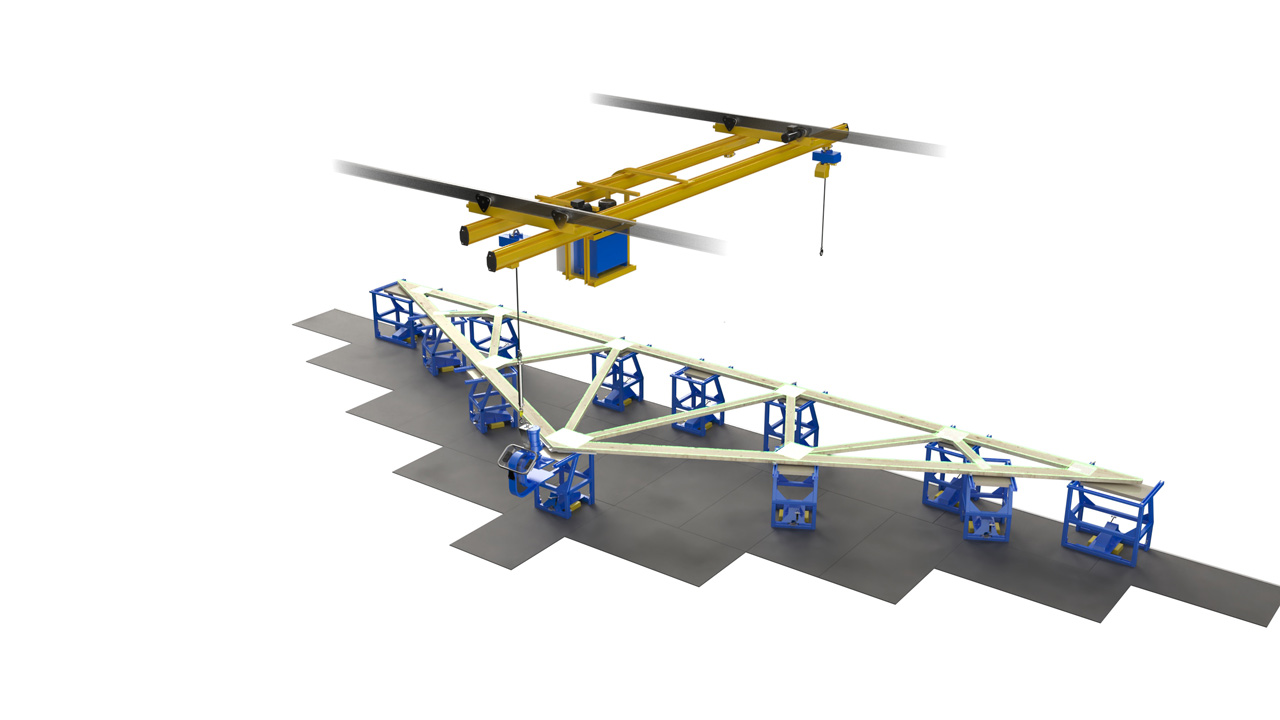 Randek Truss System NT press line with a motorised overhead crane, isometric view