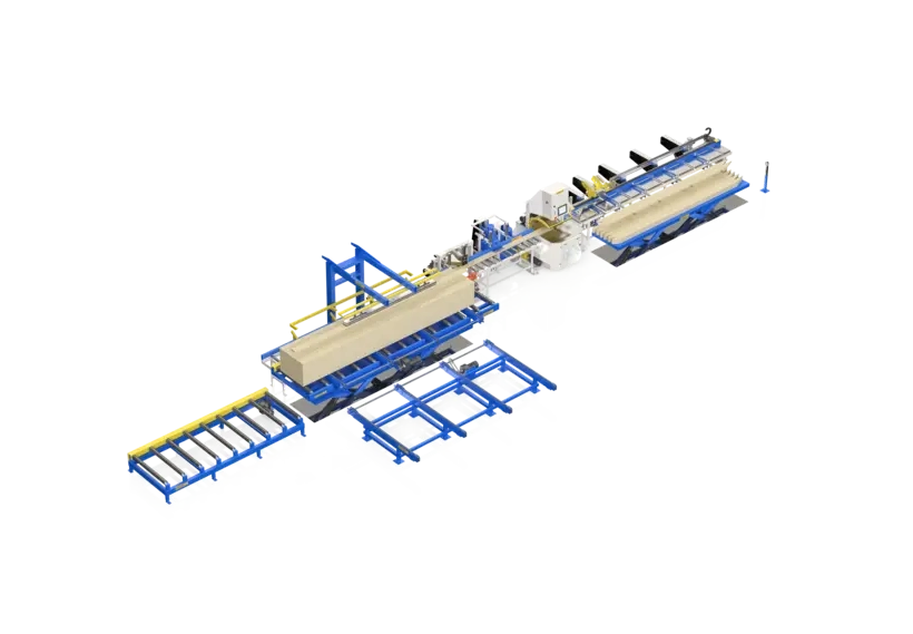 Randek SP728 full cut saw line with timber picker and outfeed stacker