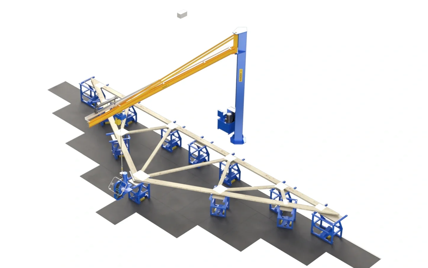 Randek Truss System NT press line with a column-mounted jib crane, magnetic fixtures and LAP laser projection, isometric view