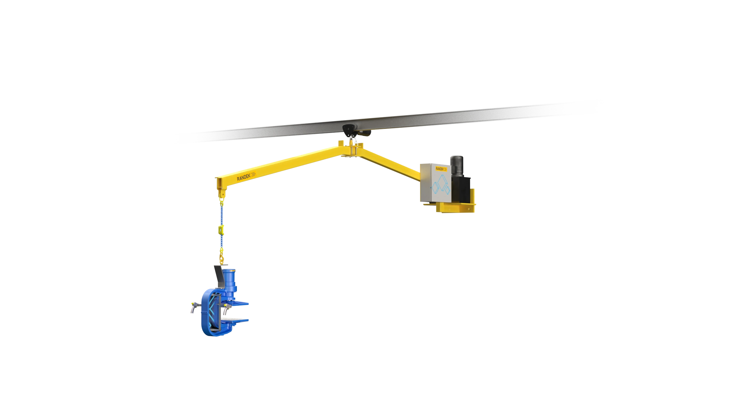 A Truss System NT press head hanging from a swing arm on an overhead crane, isometric view