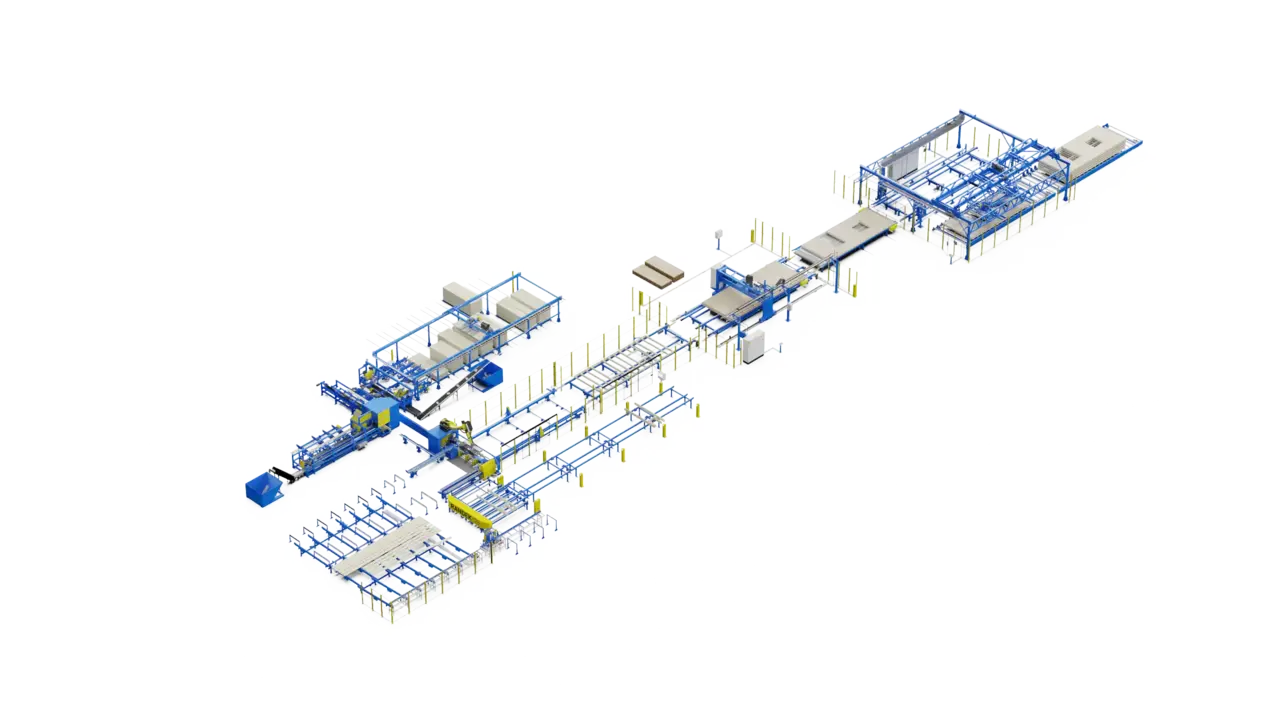 AutoWall open-panel line with a Randek bridge and manual access between operations, isometric view