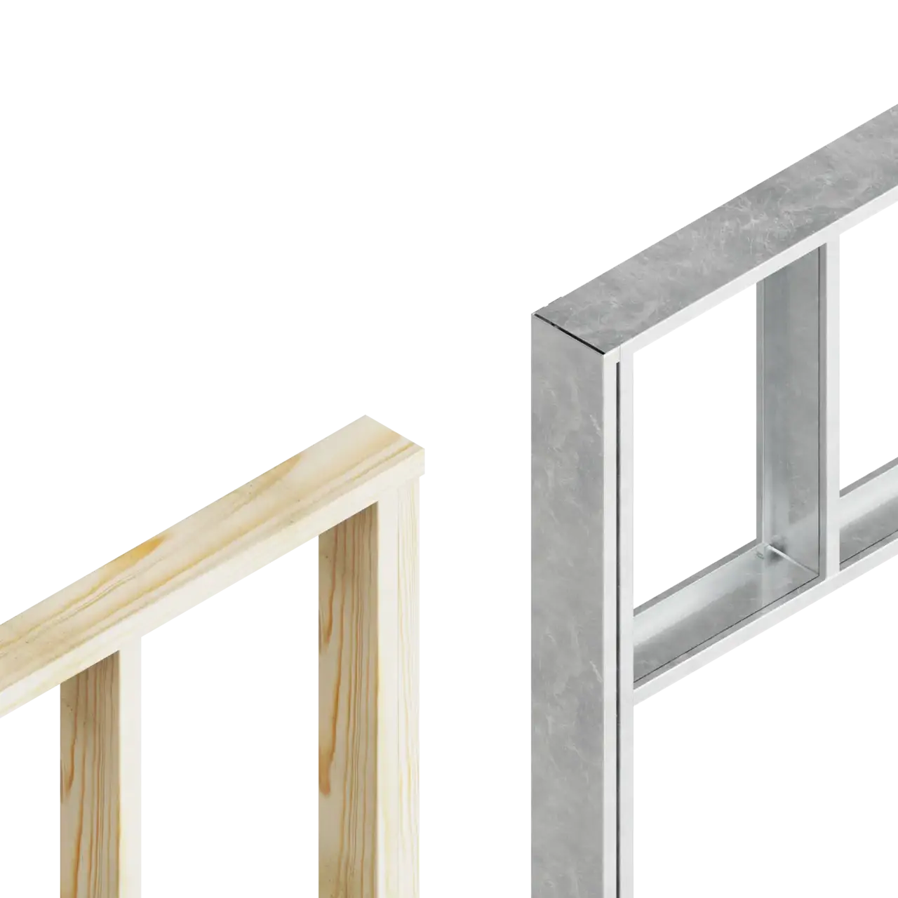 A timber frame next to a light gauge steel frame - one AutoWall platform, a framing station for each